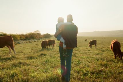 Foto:  Mädchen und Vater spazieren über ein Feld
